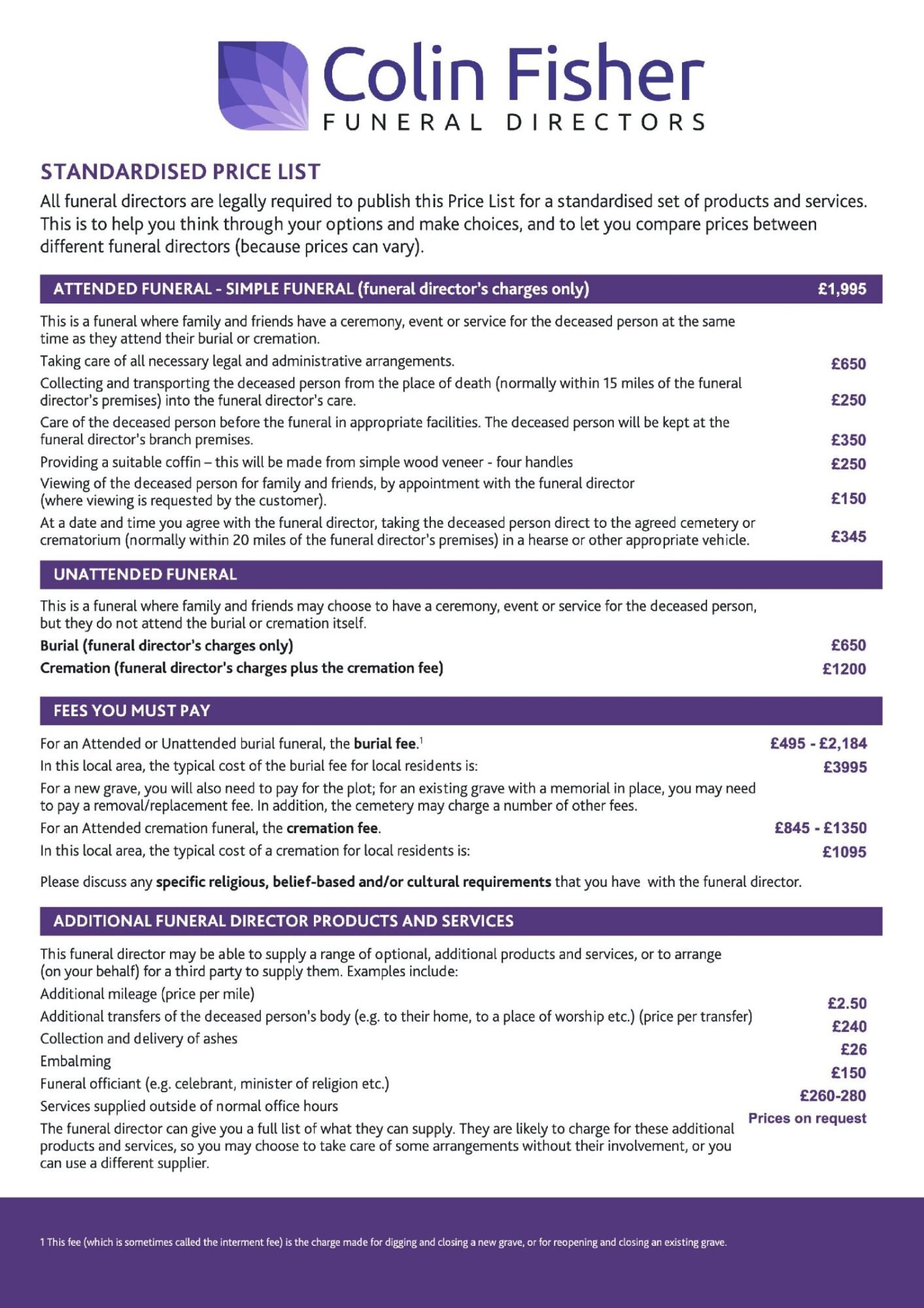 Standardised Price List
